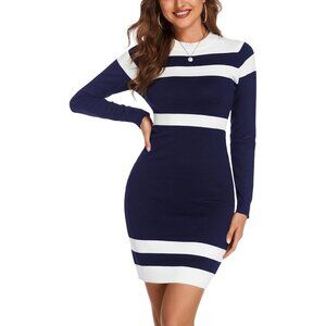 Women Colorblock Striped Long Sleeve Cotton Navy Sweater Bodycon Dress